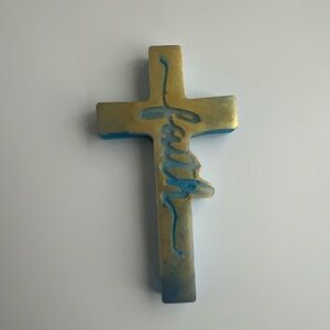 Handmade Faith Cross Wall Magnet - Golden and Blue